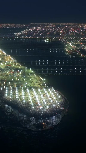 Vertical Aerial Night View of Maha Kumbh Mela 2025 in Prayagraj, India