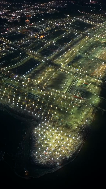 Vertical Aerial Night View of Maha Kumbh Mela 2025 in Prayagraj, India