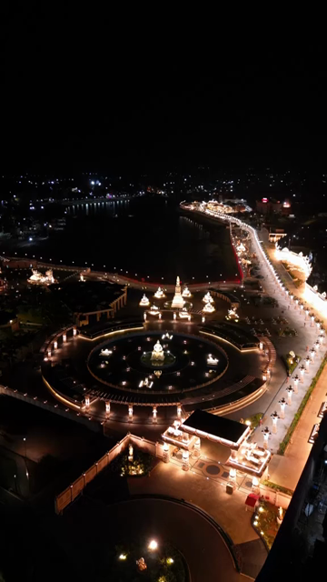 Vertical Aerial Night View of Mahakal Lok and Rudra Sagar Lake Ujjain Madhya Pradesh