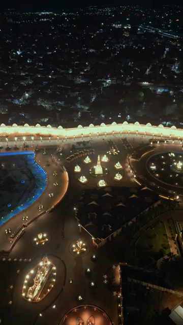 Vertical Aerial Night View of Mahakal Lok and Rudra Sagar Lake Ujjain Madhya Pradesh