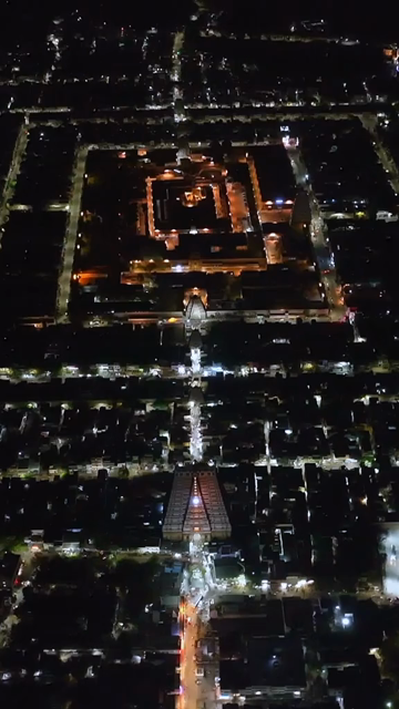 Vertical Aerial Night View of Sri Ranganathaswamy Temple, Srirangam, Tamil Nadu