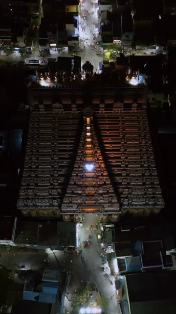 Vertical Aerial Night View of Sri Ranganathaswamy Temple, Srirangam, Tamil Nadu