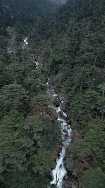 Vertical Aerial View of Alpine Cascade in Tawang, Arunachal Pradesh