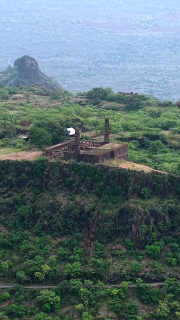 Vertical Aerial View of Asirgarh Fort Ruins Amidst Lush Green Hills, Burhanpur, Madhya Pradesh