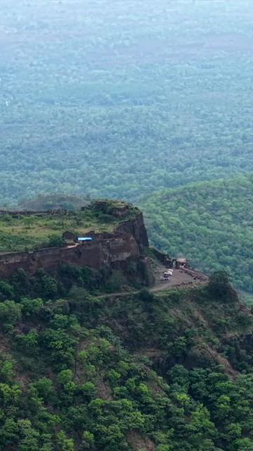 Vertical Aerial View of Asirgarh Fort Ruins Amidst Lush Green Hills, Burhanpur, Madhya Pradesh