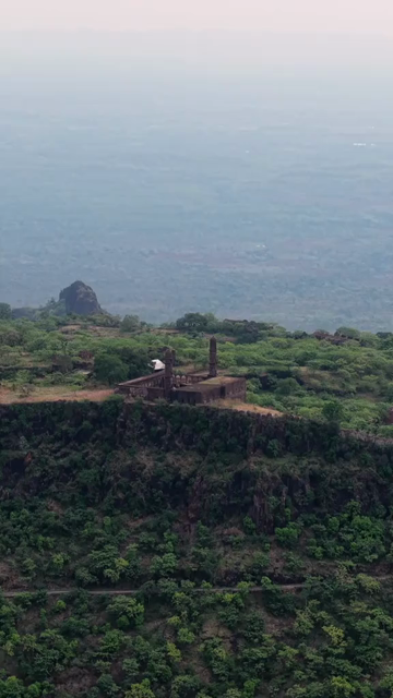 Vertical Aerial View of Asirgarh Fort Ruins Amidst Lush Green Hills, Burhanpur, Madhya Pradesh