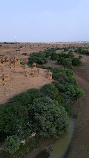 Vertical Aerial View of Bada Bagh Cenotaphs in Jaisalmer, Rajasthan