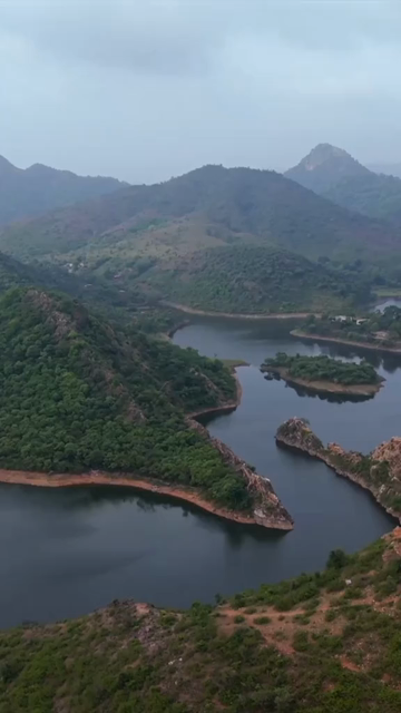 Vertical Aerial View of Bahubali Hills and Badi Lake Udaipur Rajasthan India