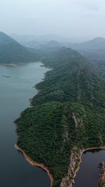 Vertical Aerial View of Bahubali Hills and Badi Lake Udaipur Rajasthan India