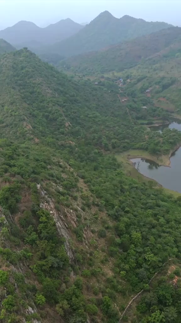 Vertical Aerial View of Bahubali Hills and Badi Lake Udaipur Rajasthan India