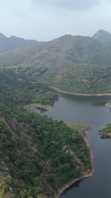 Vertical Aerial View of Bahubali Hills and Badi Lake Udaipur Rajasthan India
