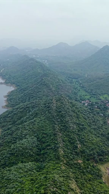 Vertical Aerial View of Bahubali Hills and Badi Lake Udaipur Rajasthan India
