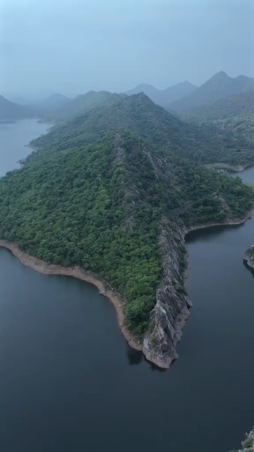 Vertical Aerial View of Bahubali Hills and Badi Lake Udaipur Rajasthan India