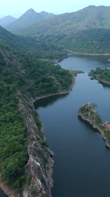 Vertical Aerial View of Bahubali Hills and Badi Lake Udaipur Rajasthan India