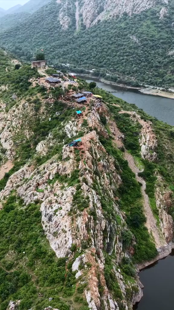 Vertical Aerial View of Bahubali Hills and Badi Lake Udaipur Rajasthan India