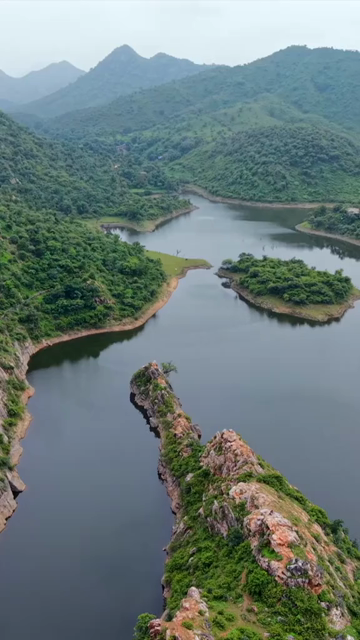 Vertical Aerial View of Bahubali Hills and Badi Lake Udaipur Rajasthan India