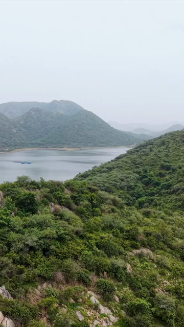 Vertical Aerial View of Bahubali Hills and Badi Lake Udaipur Rajasthan India