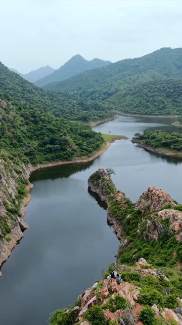 Vertical Aerial View of Bahubali Hills and Badi Lake Udaipur Rajasthan India