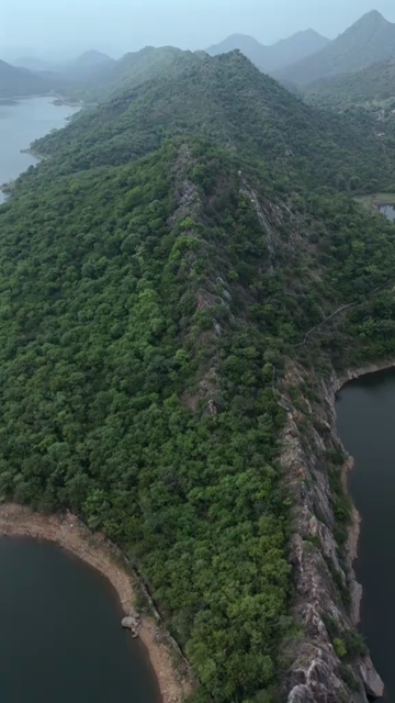 Vertical Aerial View of Bahubali Hills and Badi Lake Udaipur Rajasthan India