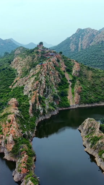 Vertical Aerial View of Bahubali Hills and Badi Lake Udaipur Rajasthan India