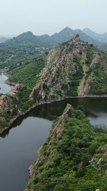 Vertical Aerial View of Bahubali Hills and Badi Lake Udaipur Rajasthan India