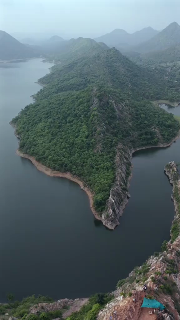 Vertical Aerial View of Bahubali Hills and Badi Lake Udaipur Rajasthan India