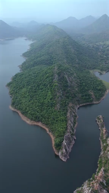 Vertical Aerial View of Bahubali Hills and Badi Lake Udaipur Rajasthan India