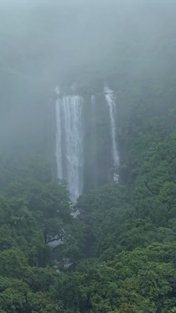 Vertical Aerial View of Barki Waterfall Amid Lush Green Forest Kolhapur Maharashtra