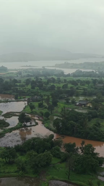 Vertical Aerial View of Bhandardara Lake and Lush Green Landscape Maharashtra India