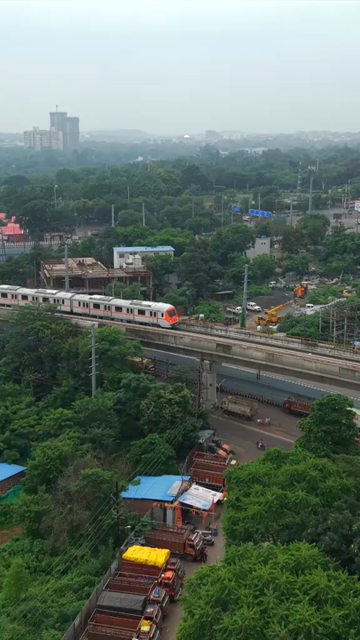 Vertical Aerial View of Bhopal Metro Train on Elevated Track