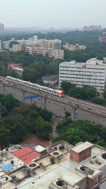 Vertical Aerial View of Bhopal Metro Train on Elevated Track