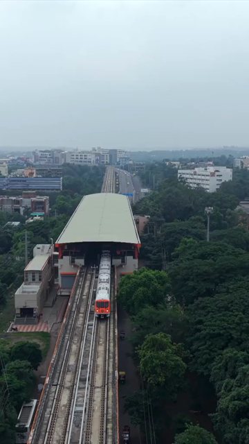 Vertical Aerial View of Bhopal Metro Train on Elevated Track