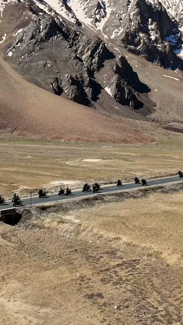 Vertical Aerial View of Bikers Riding Through the Landscapes of Ladakh India