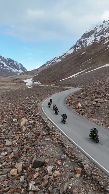 Vertical Aerial View of Bikers Riding on a Mountain Road in Ladakh, Indian Himalayas