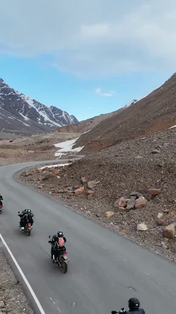 Vertical Aerial View of Bikers Riding on a Mountain Road in Ladakh, Indian Himalayas