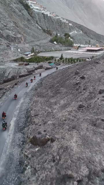 Vertical Aerial View of Bikers Riding on a Mountain Road in Ladakh, Indian Himalayas