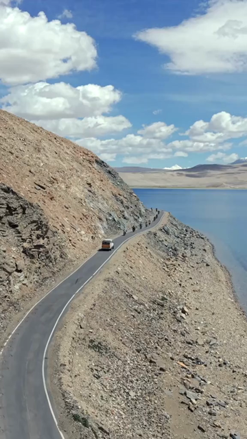 Vertical Aerial View of Tourist Bikers at Pangong Lake Ladakh India