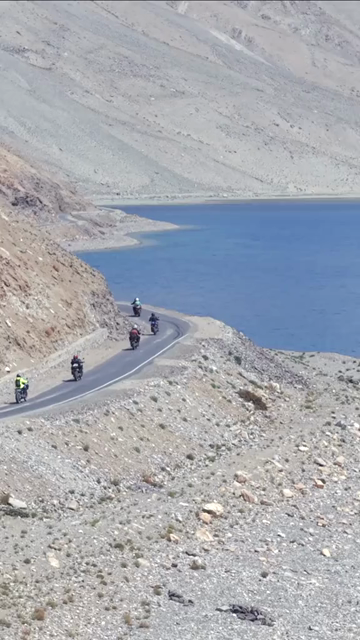 Vertical Aerial View of Tourist Bikers at Pangong Lake Ladakh India