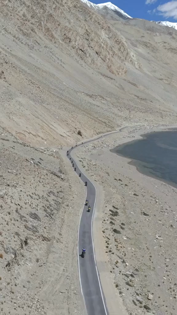 Vertical Aerial View of Tourist Bikers at Pangong Lake Ladakh India