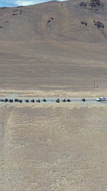 Vertical Aerial View of Tourist Bikers at Pangong Lake Ladakh India