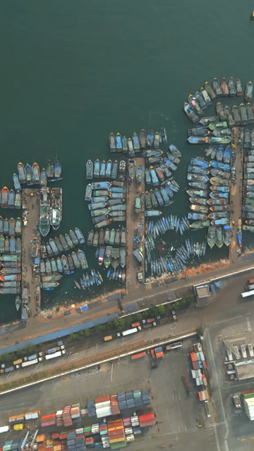 Vertical Aerial View of Fishing Boats and Port Container Terminal in Visakhapatnam India