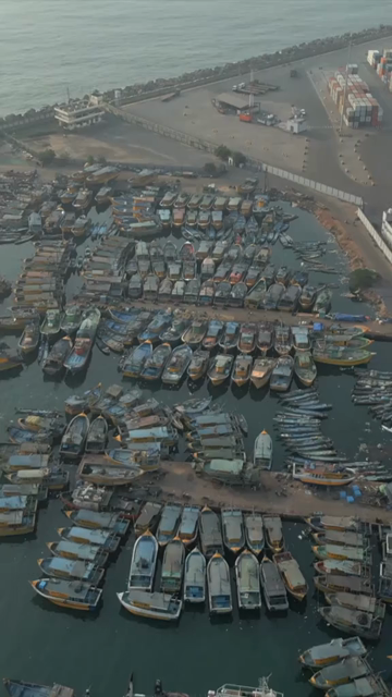 Vertical Aerial View of Fishing Boats and Port Container Terminal in Visakhapatnam India