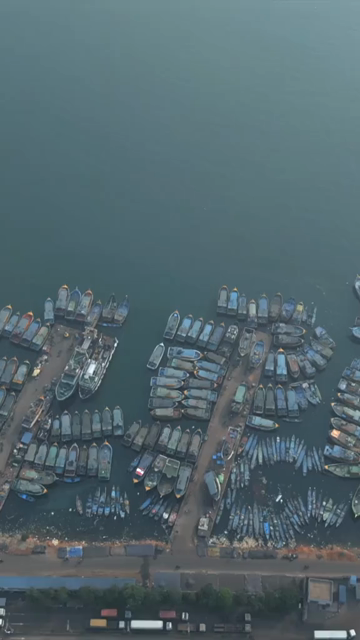 Vertical Aerial View of Fishing Boats and Port Container Terminal in Visakhapatnam India
