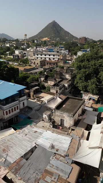 Vertical Aerial View of Brahma Temple Near Pushkar Lake, Rajasthan, India