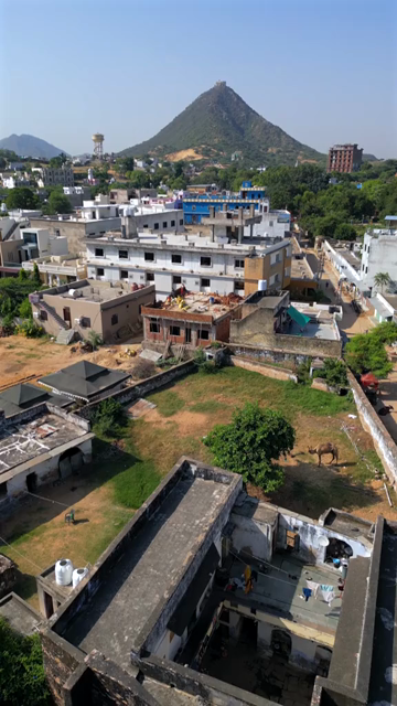Vertical Aerial View of Brahma Temple Near Pushkar Lake, Rajasthan, India
