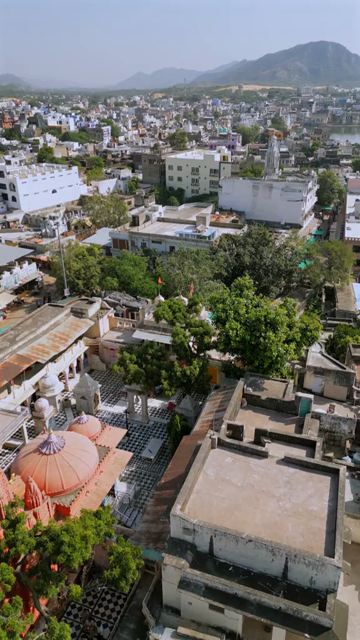 Vertical Aerial View of Brahma Temple Near Pushkar Lake, Rajasthan, India