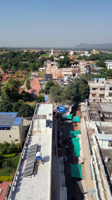 Vertical Aerial View of Brahma Temple Near Pushkar Lake, Rajasthan, India