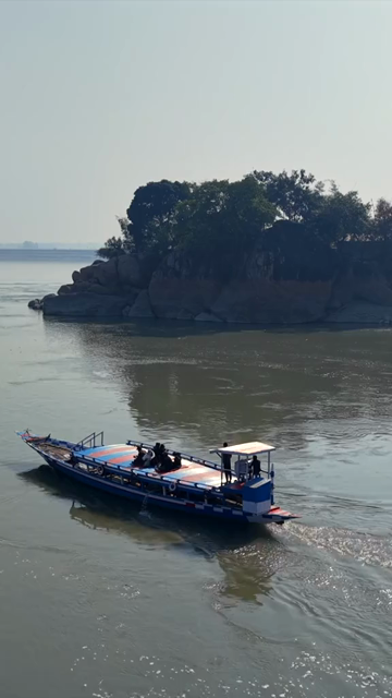 Vertical Aerial View of Boat on Brahmaputra River in Assam India