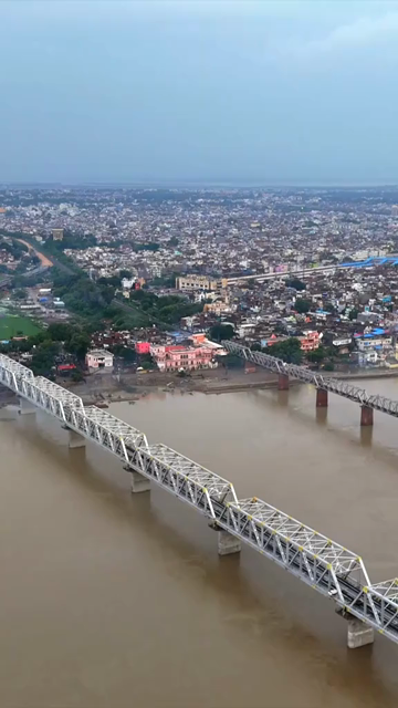 Vertical Aerial View of Bridges Across Yamuna River in Prayagraj Uttar Pradesh India