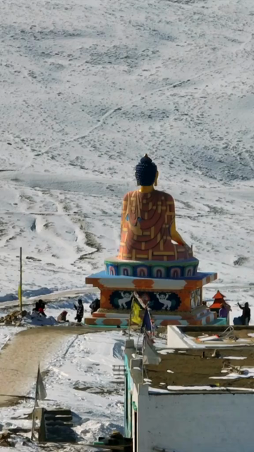 Vertical Aerial View of Buddha Statue at Langza Village Spiti Valley Himachal Pradesh India